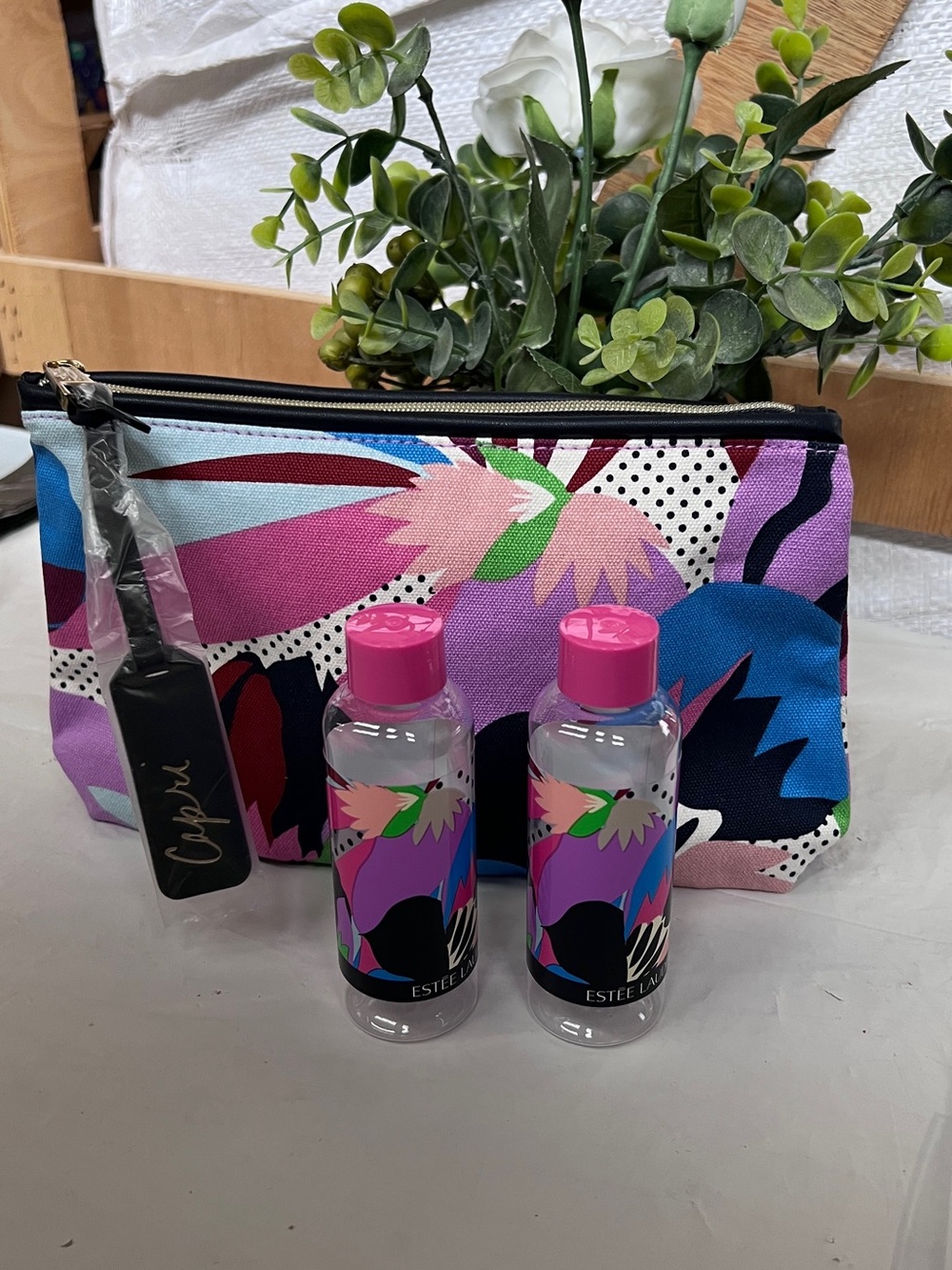 Estee Lauder Pink Purple Blue Floral Cosmetic Pouch with Mini Bottles